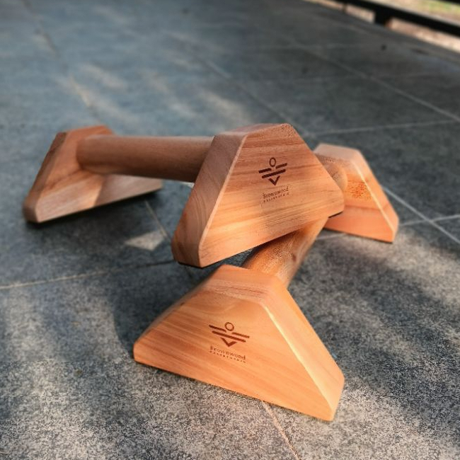 Wooden parallettes display.